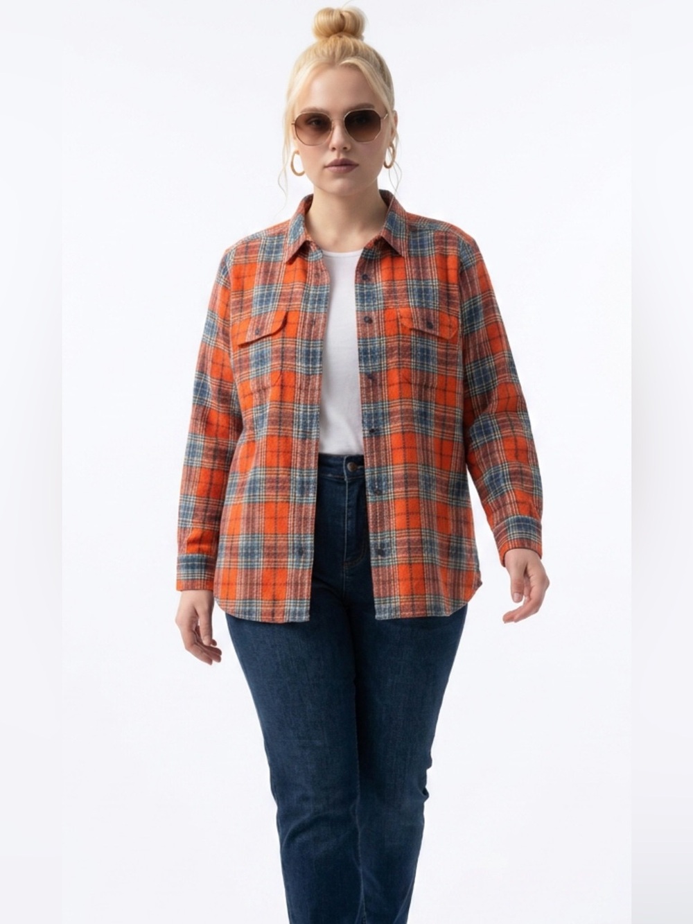 Ralph Lauren Orange and Blue Cotton Fall Plaid Flannel Button Down Shirt